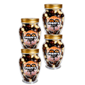 Four jars of 'Mom's Choco' chocolate treats with gold lids on a white background.