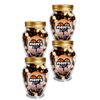 Four jars of 'Mom's Choco' chocolate treats with gold lids on a white background.