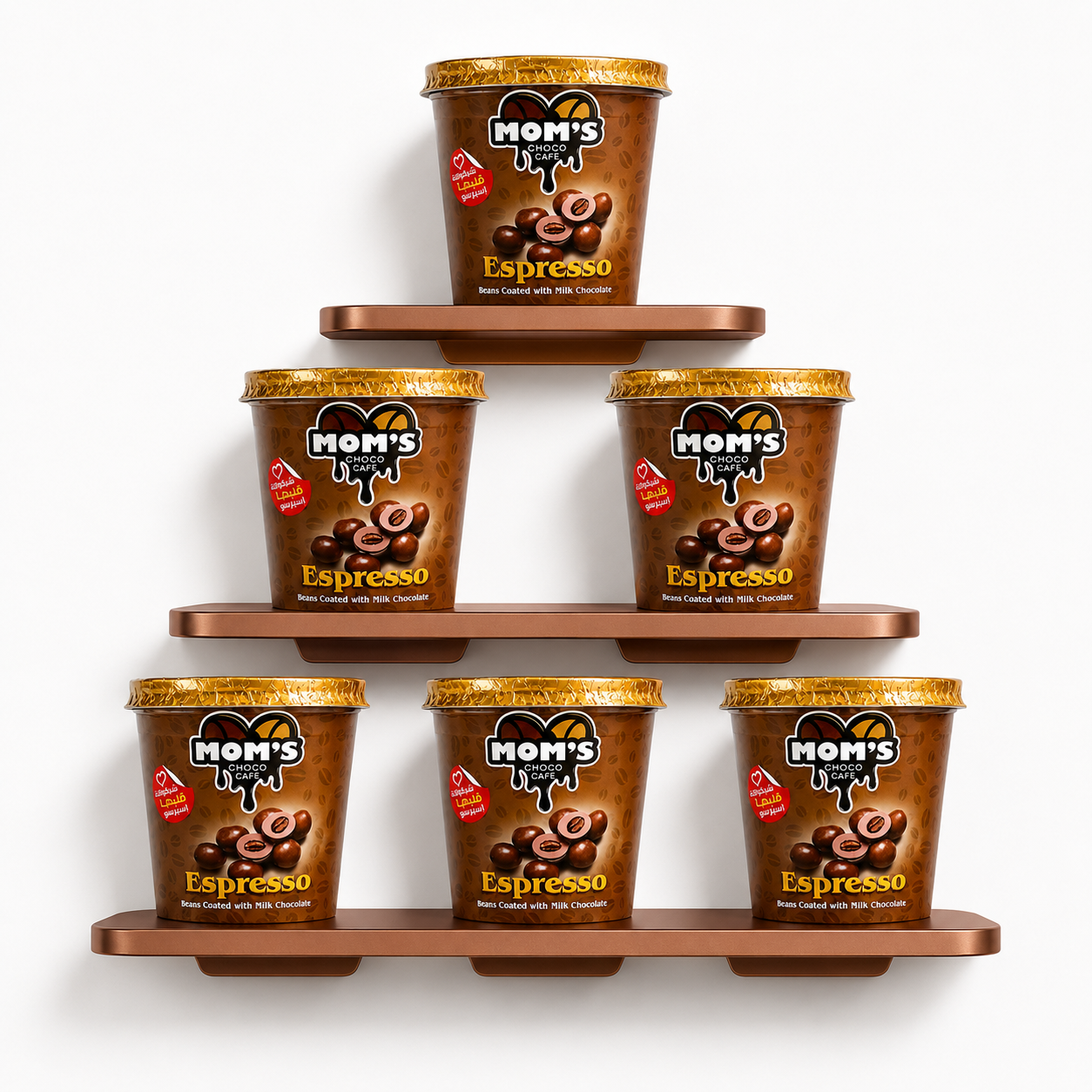 Multiple containers of Mom's Espresso ice cream on a wooden shelf against a white background