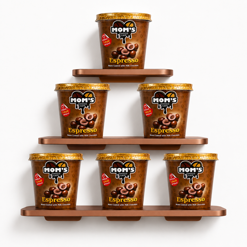 Multiple containers of Mom's Espresso ice cream on a wooden shelf against a white background
