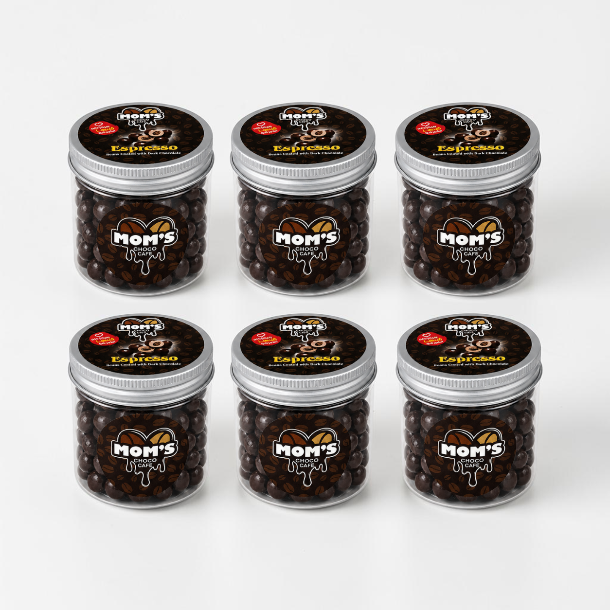 Six jars of 'Mom's Espresso' coffee beans on a white background