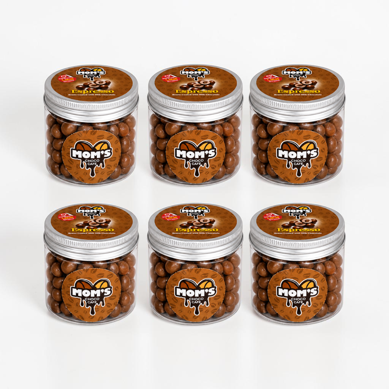 Six jars of 'Mom's Espresso' coffee beans on a white background