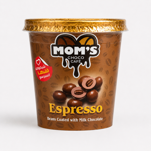 Container of Mom's Choco Cafe Espresso with gold lid on a white background