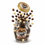 Glass jar filled with espresso beans covered chocolate labeled 'Moms Choco Cafe' on a white background